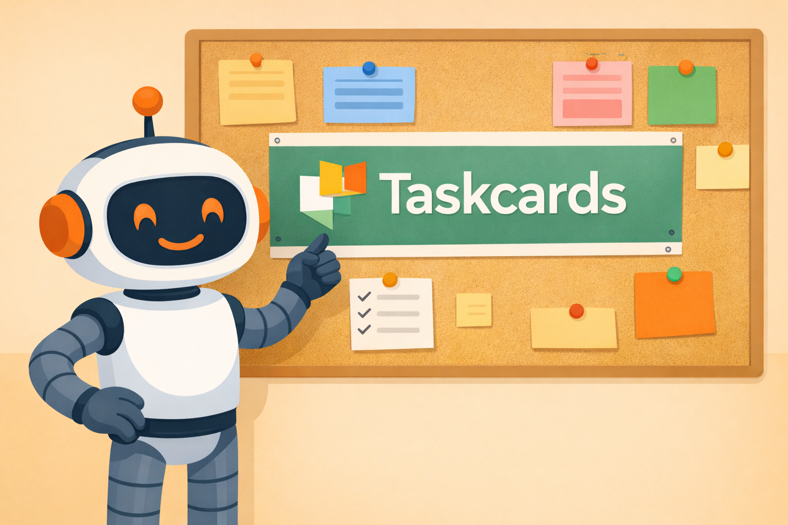 ChatGPT Image 5. März 2026, 09_50_06 Ein gezeichneter Roboter steht vor einer Pinnwand. Mitten in der Pinnwand ist die Aufschrift "Taskcards" zu sehen