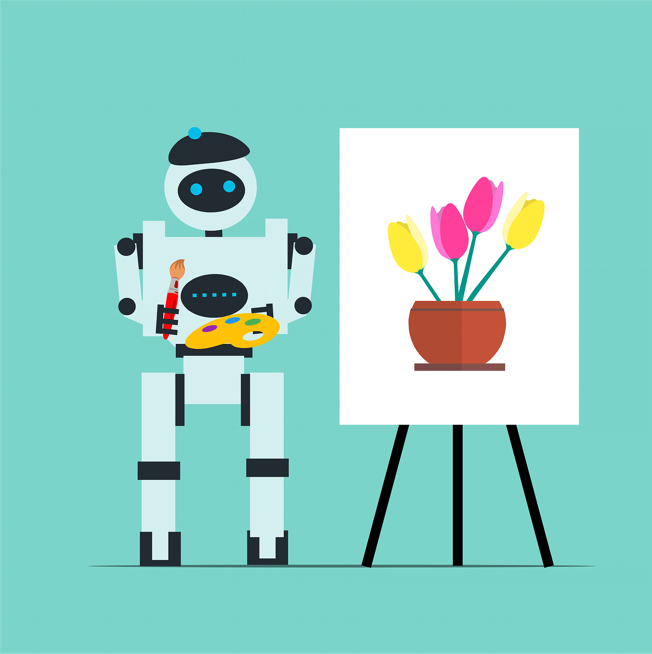 Ein Roboter, der das Bild einer Blumenvase mit Blumen auf eine Leinwand malt.